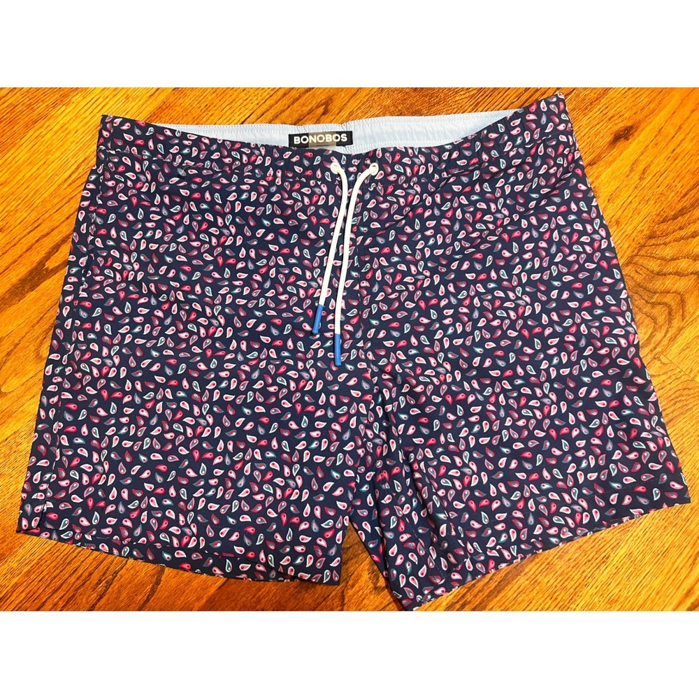 Bonobos Mens‎ Navy Pink Paisley Swim Trunks 7 Inch Inseam Mesh Lined Size Large